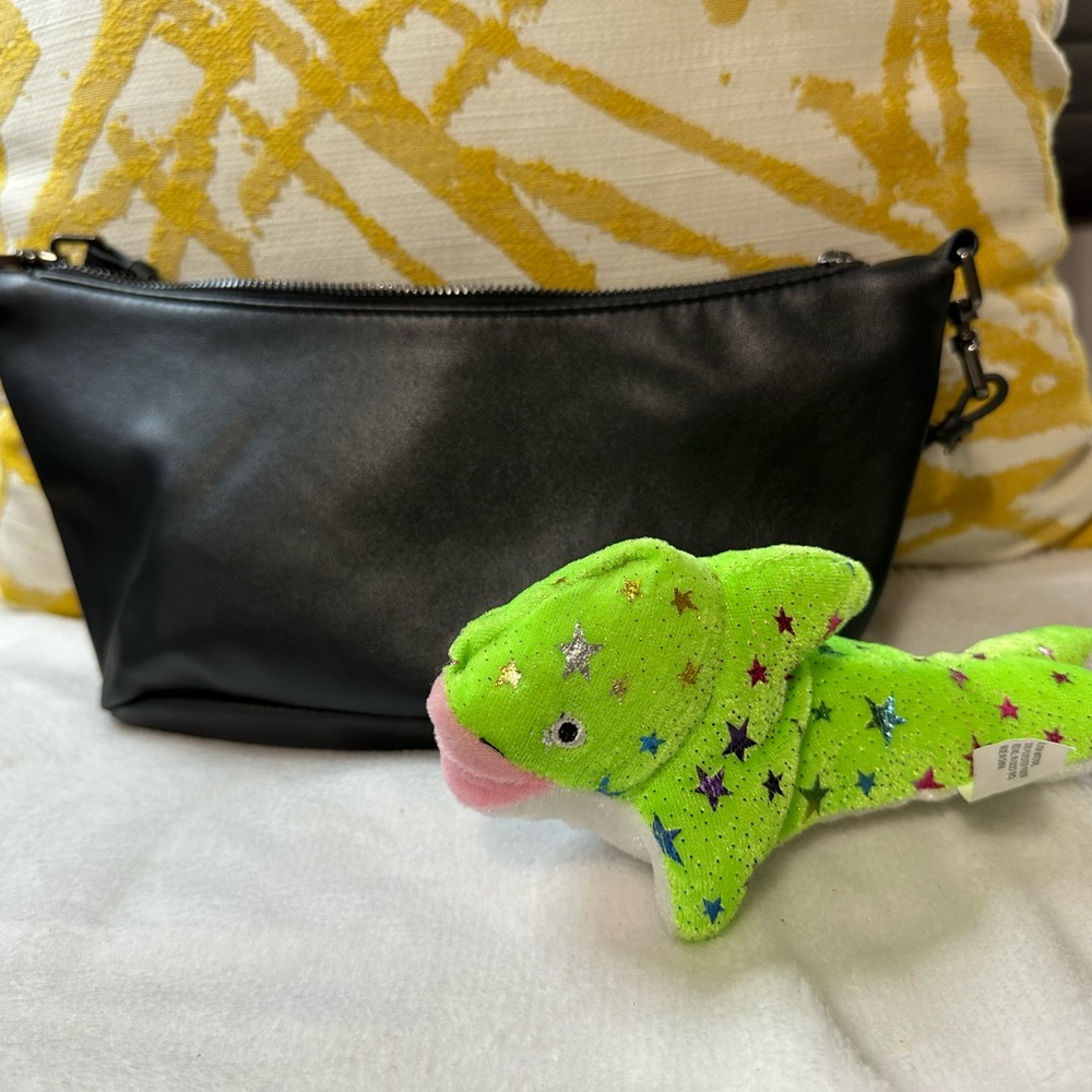 Black Crossbody Bag with Green Star Plush Toy